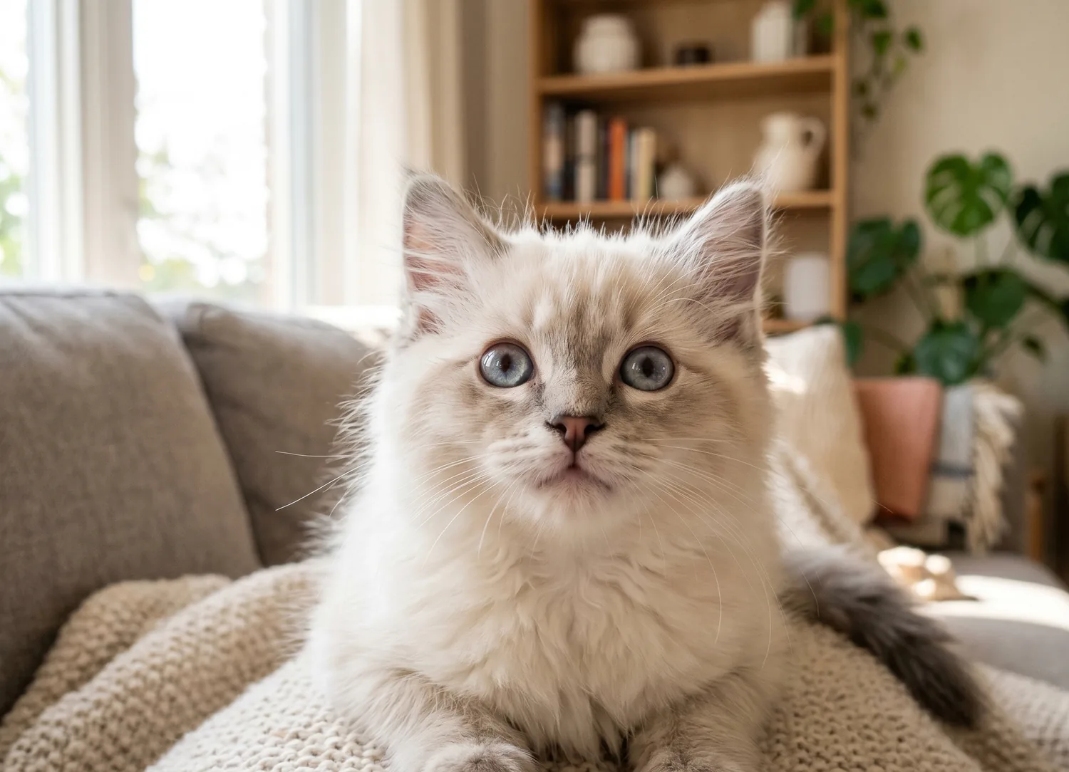 ご自宅でこちらを見上げる子猫